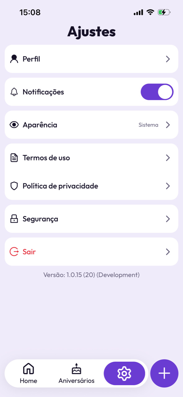 Tela de ajustes do Repiday com perfil, notificações e aparência