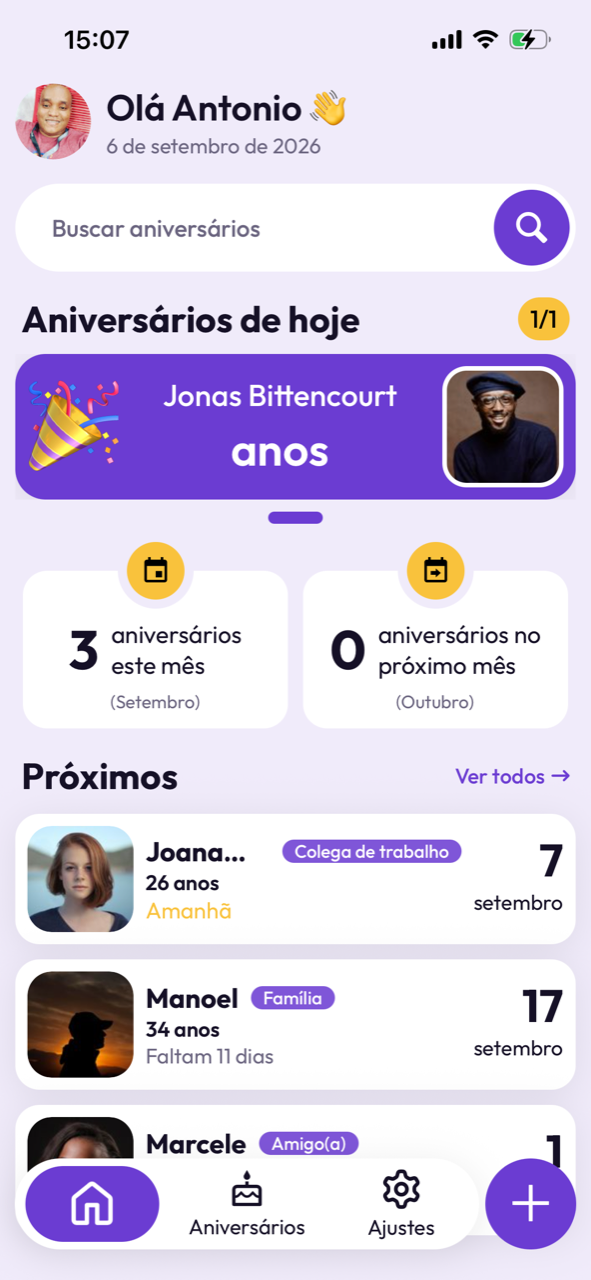 Tela inicial do app Repiday mostrando os aniversários de hoje e os próximos